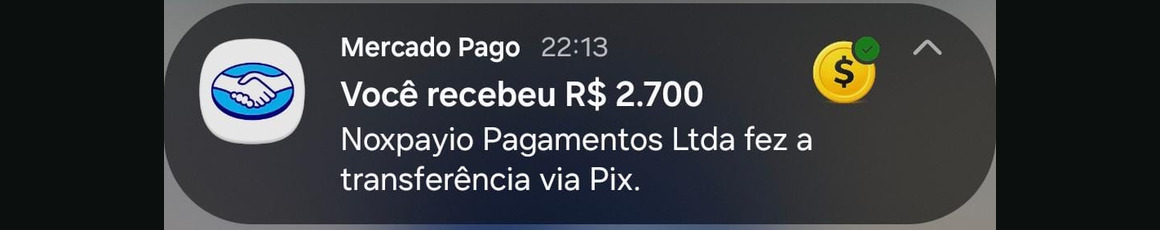 Notificação do banco informando transferência recebida de R$ 2.700,00